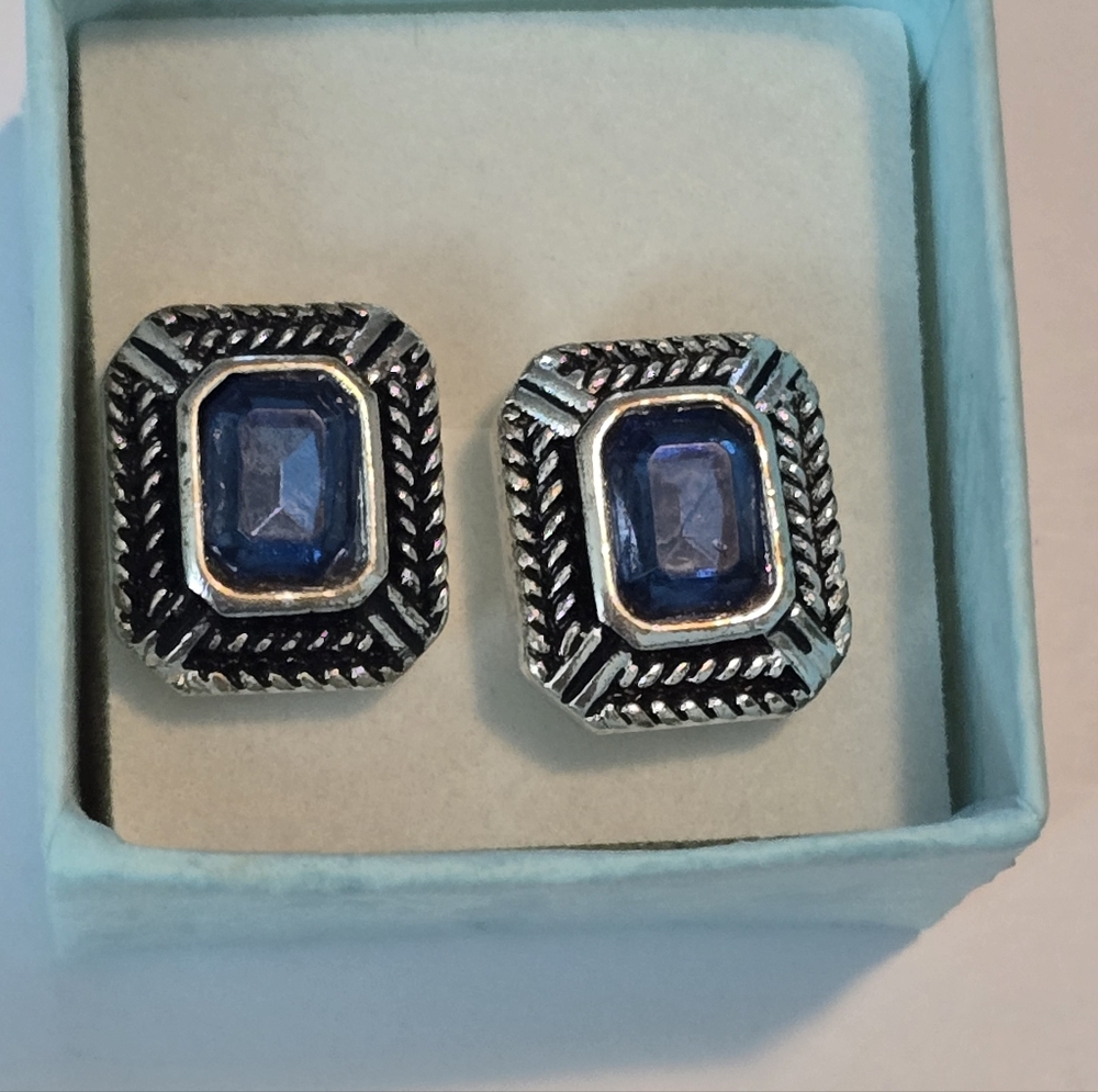 Vintage Silver Tone Blue Square Stud Statement Earrings